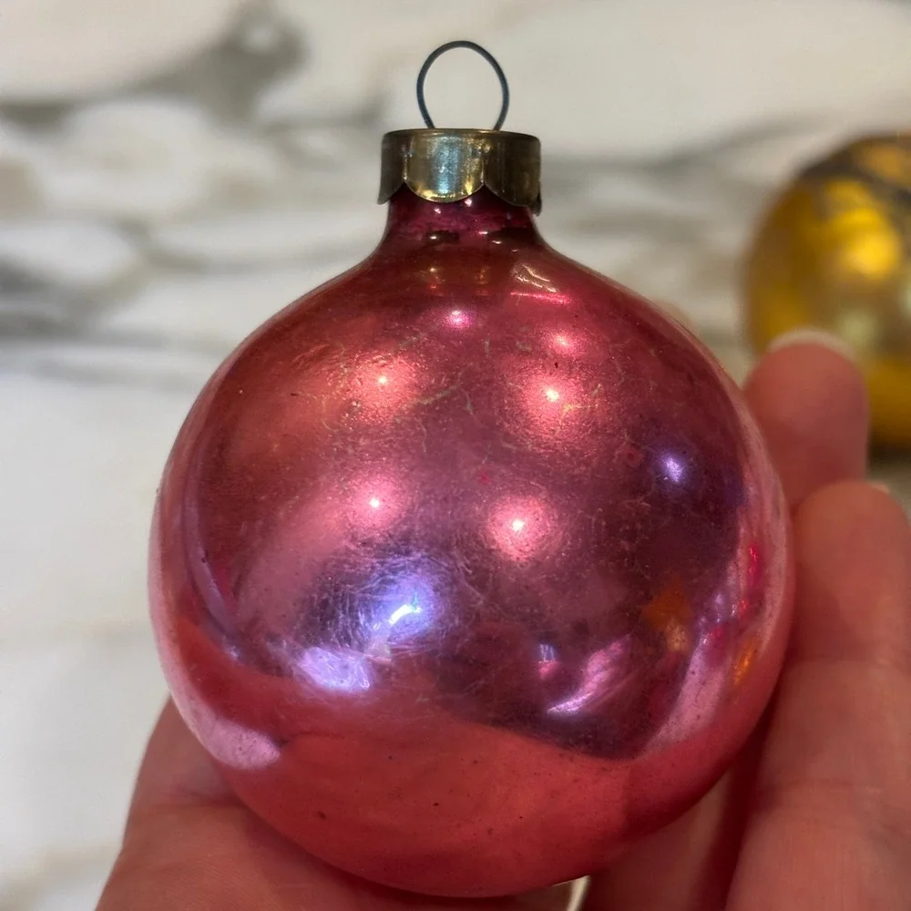 Shiny Brite Vintage Mica Glitter Stencil Glass Christmas Ornaments Pink Gold